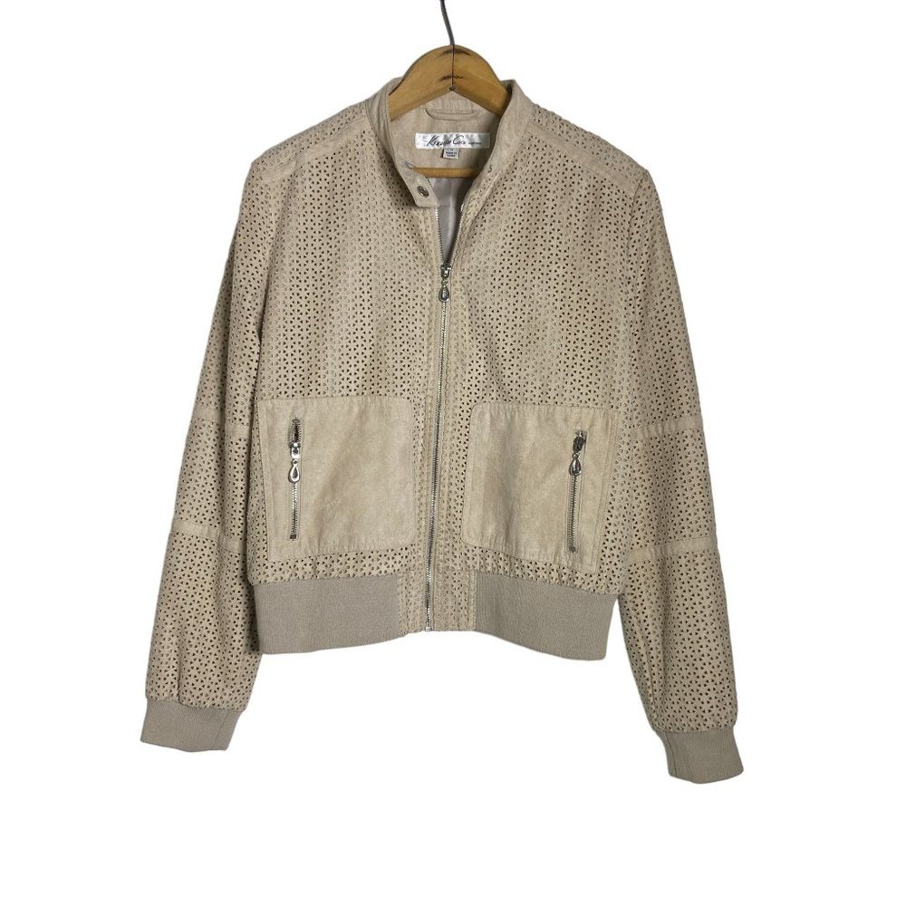 KENNETH COLE Tan / Beige Perforated Suede Bomber Moto Jacket MEDIUM